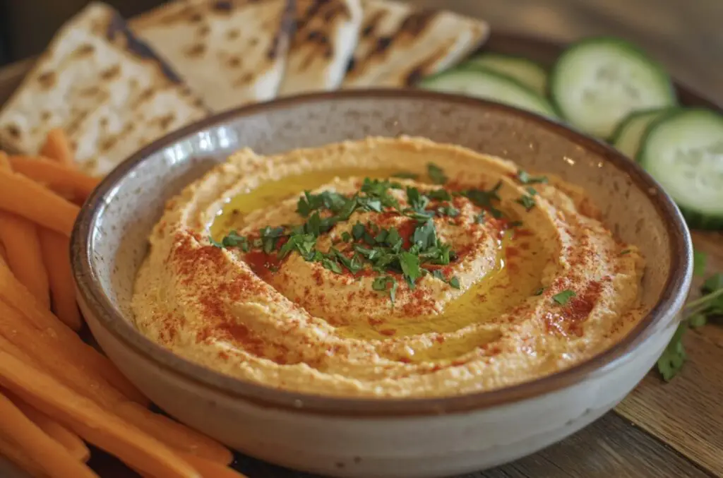 A bowl of spicy hummus garnished with olive oil, paprika, and parsley, surrounded by pita bread and fresh vegetables.