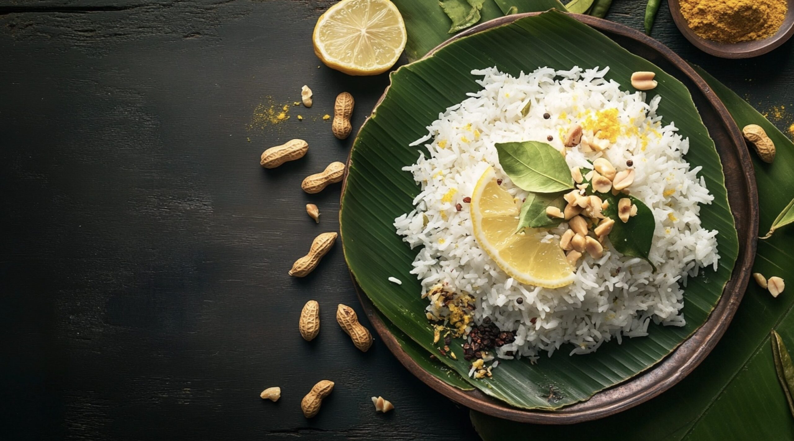 Authentic Lemon Rice Recipe served on a banana leaf with peanuts and curry leaves.