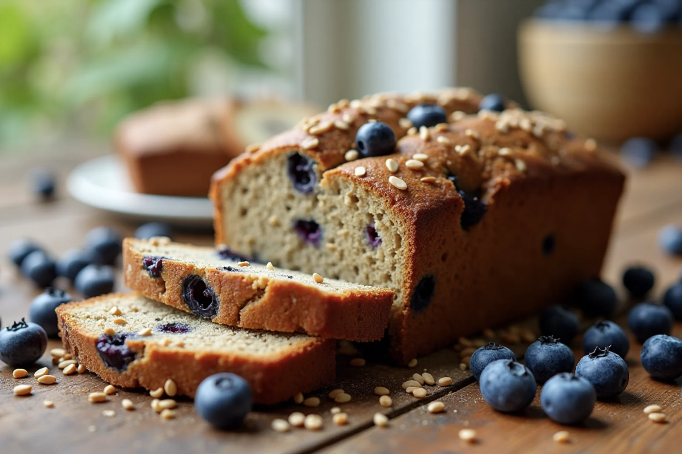 Freshly baked blueberry lentil bread on a rustic wooden table