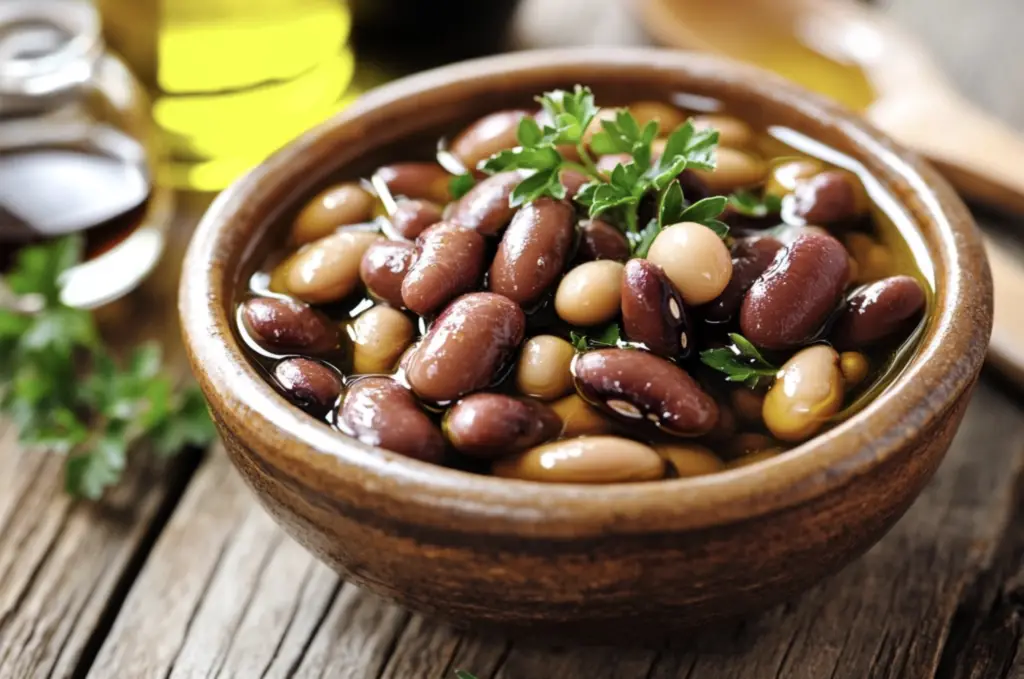 A hearty bowl of cooked beans garnished with fresh parsley, drizzled with olive oil, and served alongside a wooden spoon and small dishes of balsamic vinegar and olive oil.