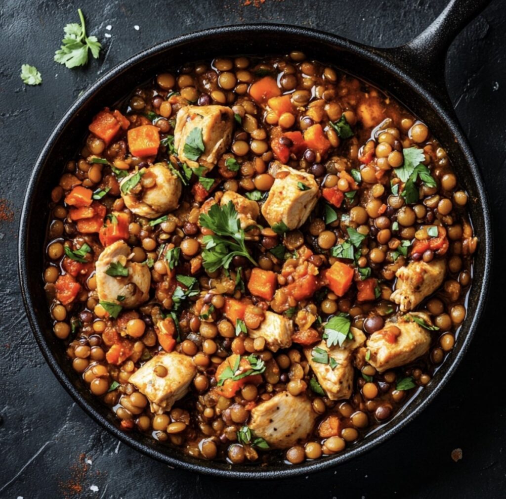 Chicken Lentil Recipes a pan of food with meat and vegetables