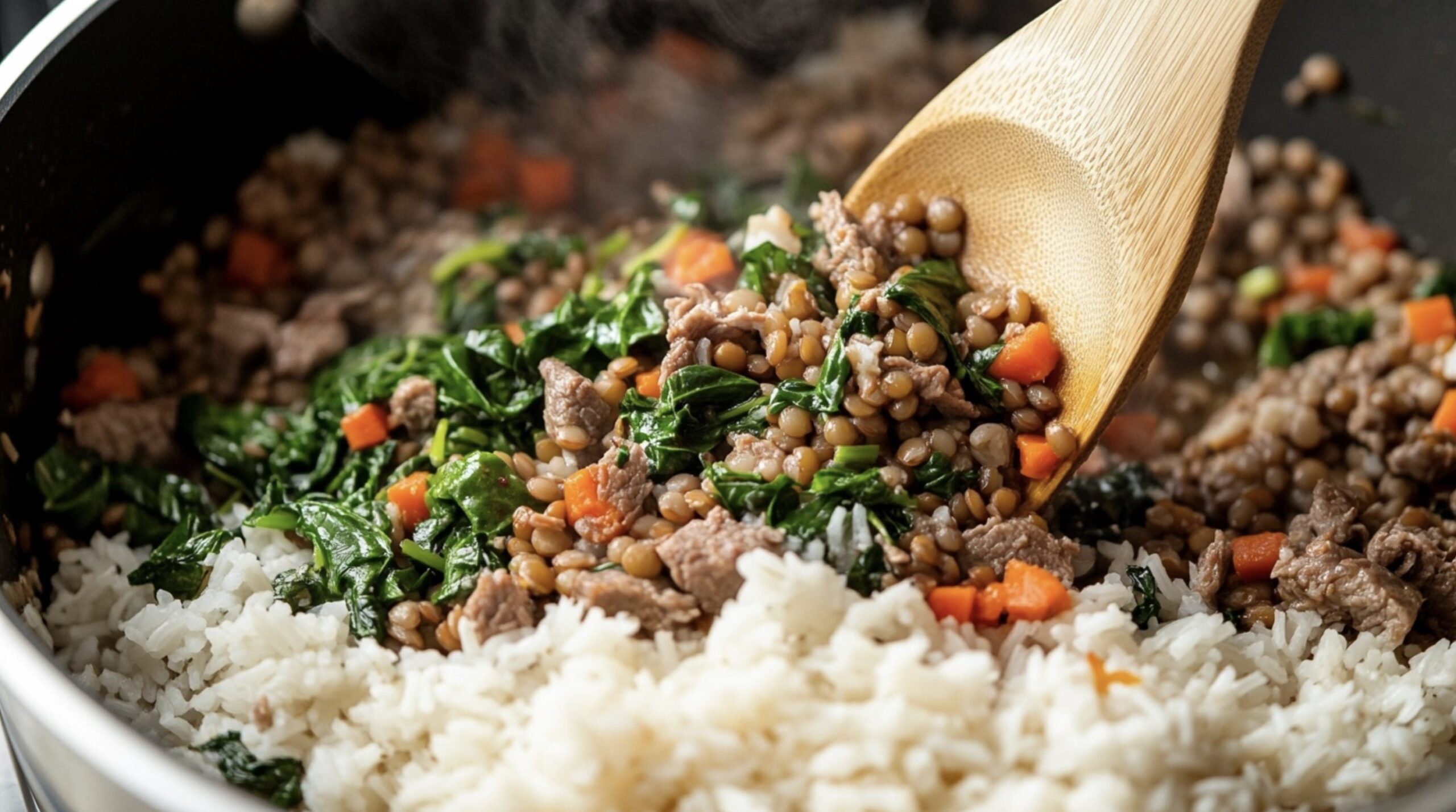 Lebanese lamb lentils rice spinach being cooked in a pot, showing layers of lamb, rice, lentils, and spinach being stirred.