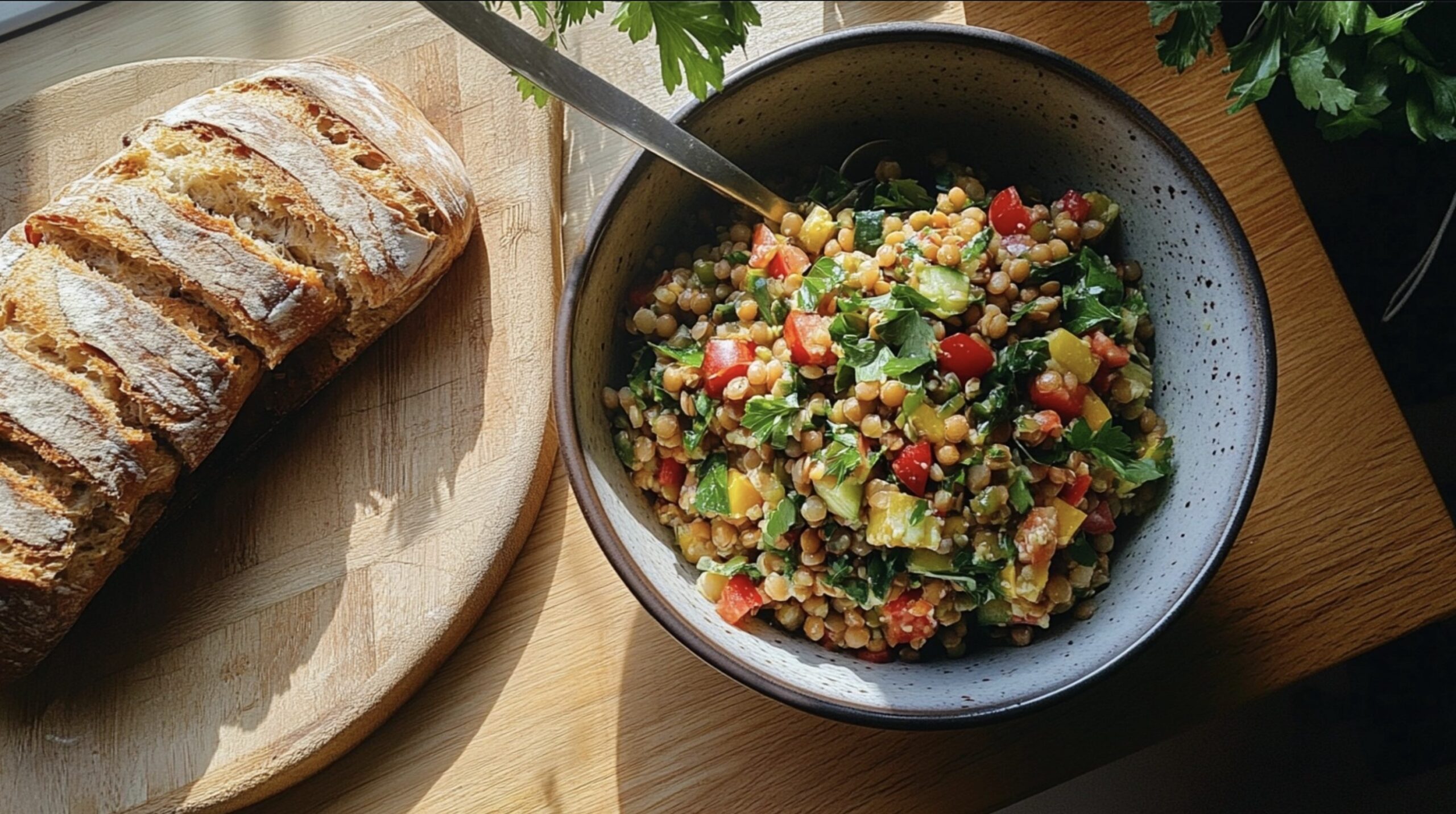 Colorful lentil salad next to freshly baked whole wheat bread on a wooden counter. Lentils vs Wheat
