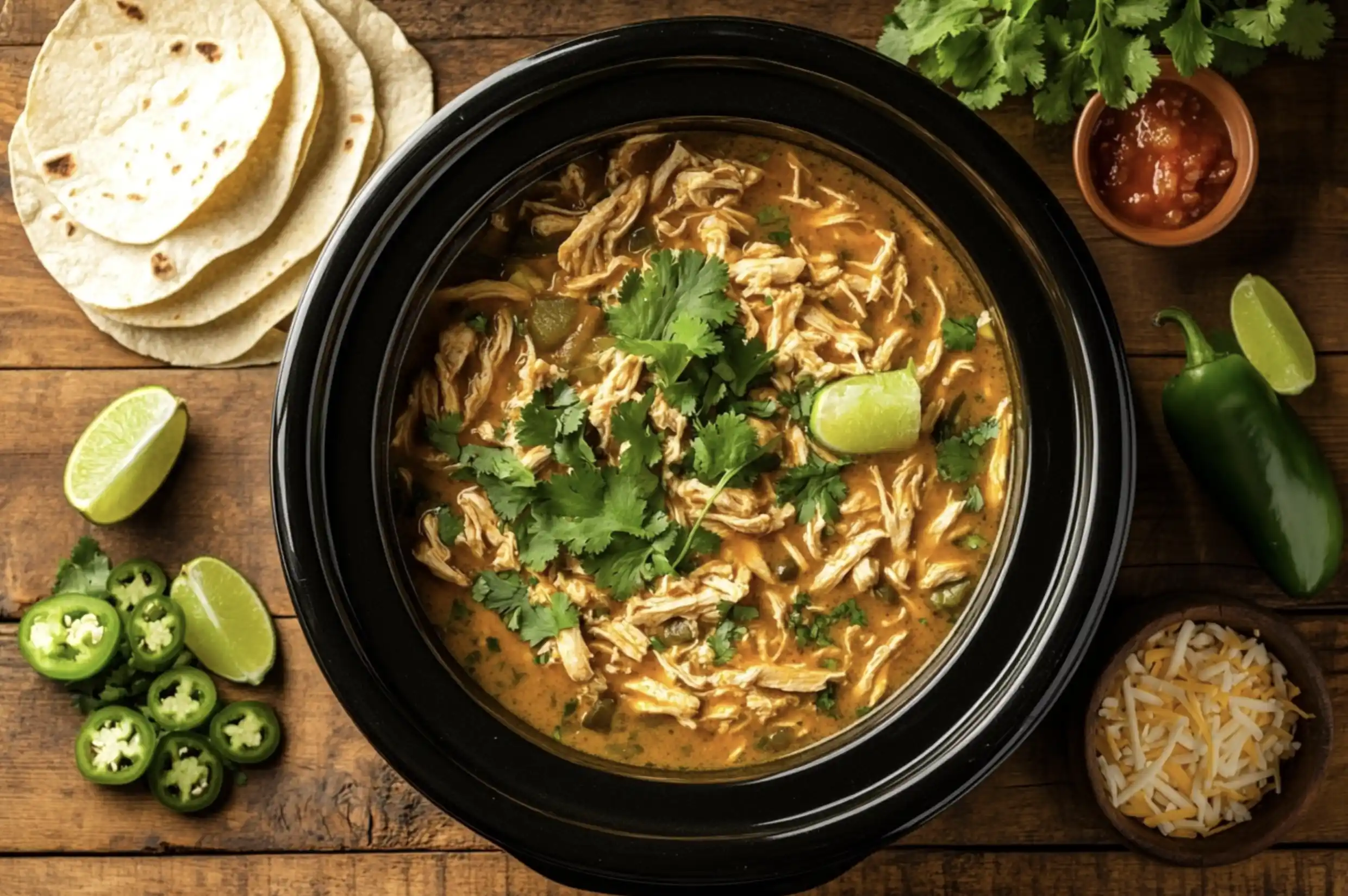 A crockpot filled with tender shredded green chili chicken, garnished with fresh cilantro and lime slices, surrounded by tortillas, salsa, and toppings.