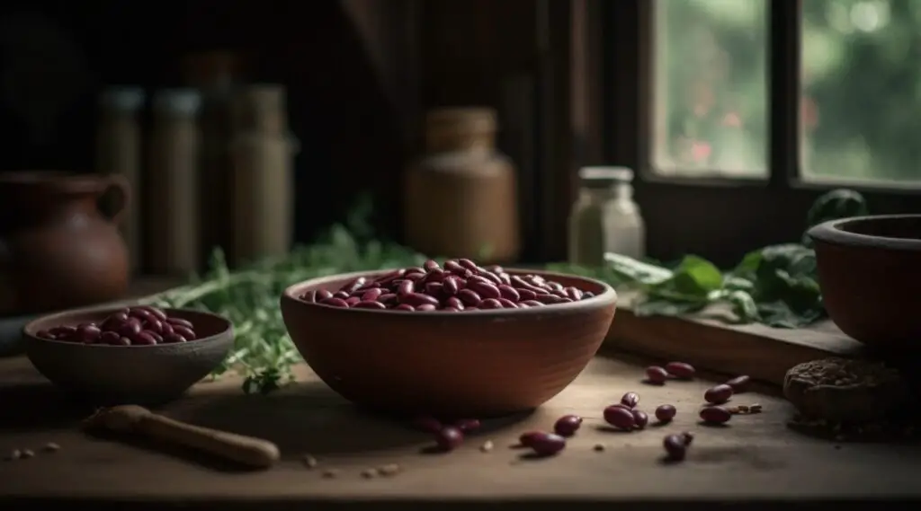 A bowl of dark red kidney beans on a rustic wooden countertop, surrounded by fresh herbs, uncooked beans, and spices, illuminated by warm natural lighting. Cook Dark Red Beans