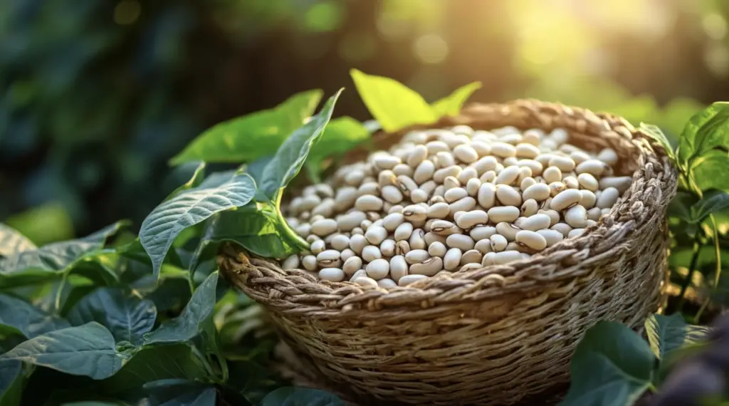 A basket of freshly picked navy beans set in a thriving garden, highlighting their creamy texture and natural beauty. Are navy beans pole beans