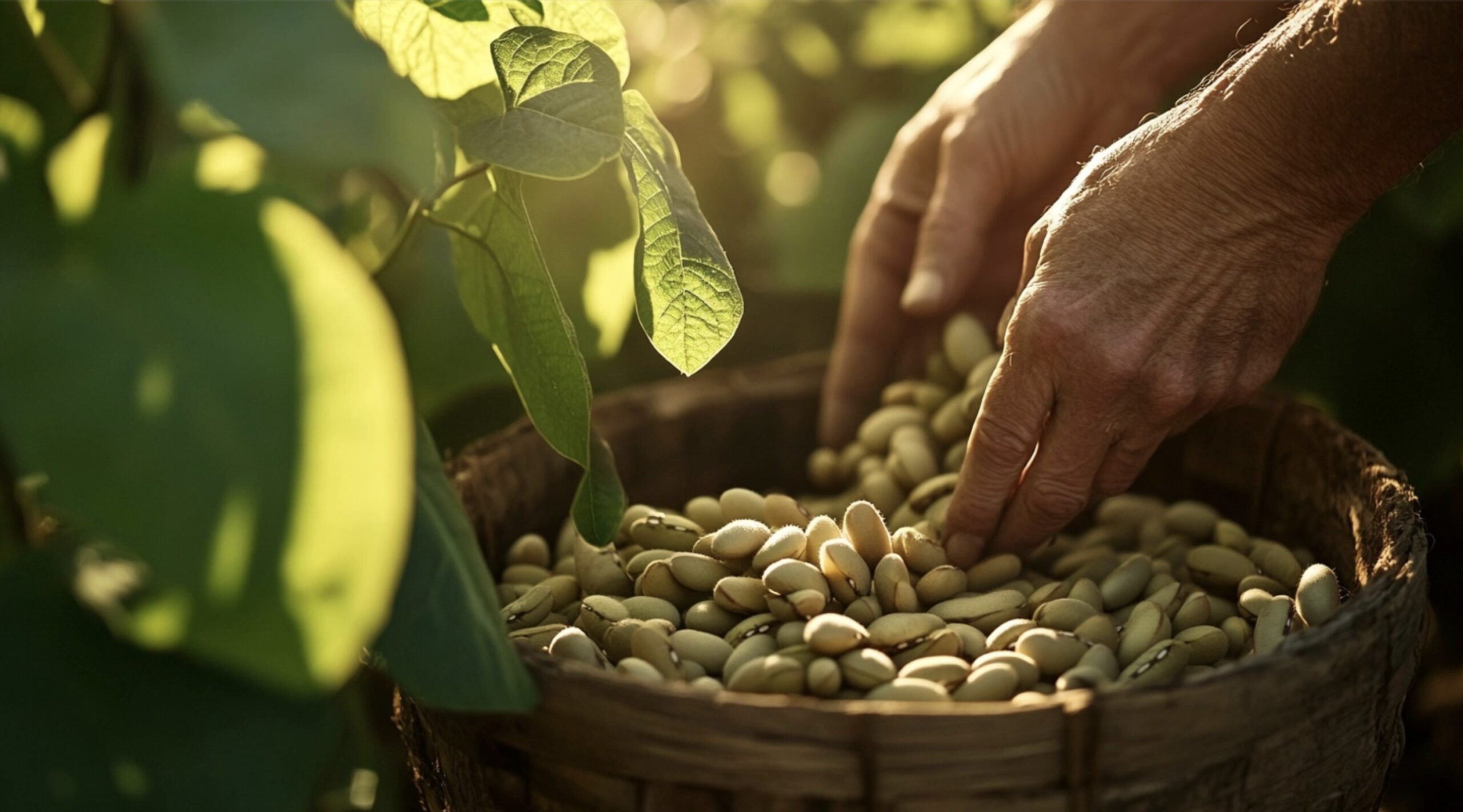 Hands harvesting navy bean pods with a basket of beans in the background.