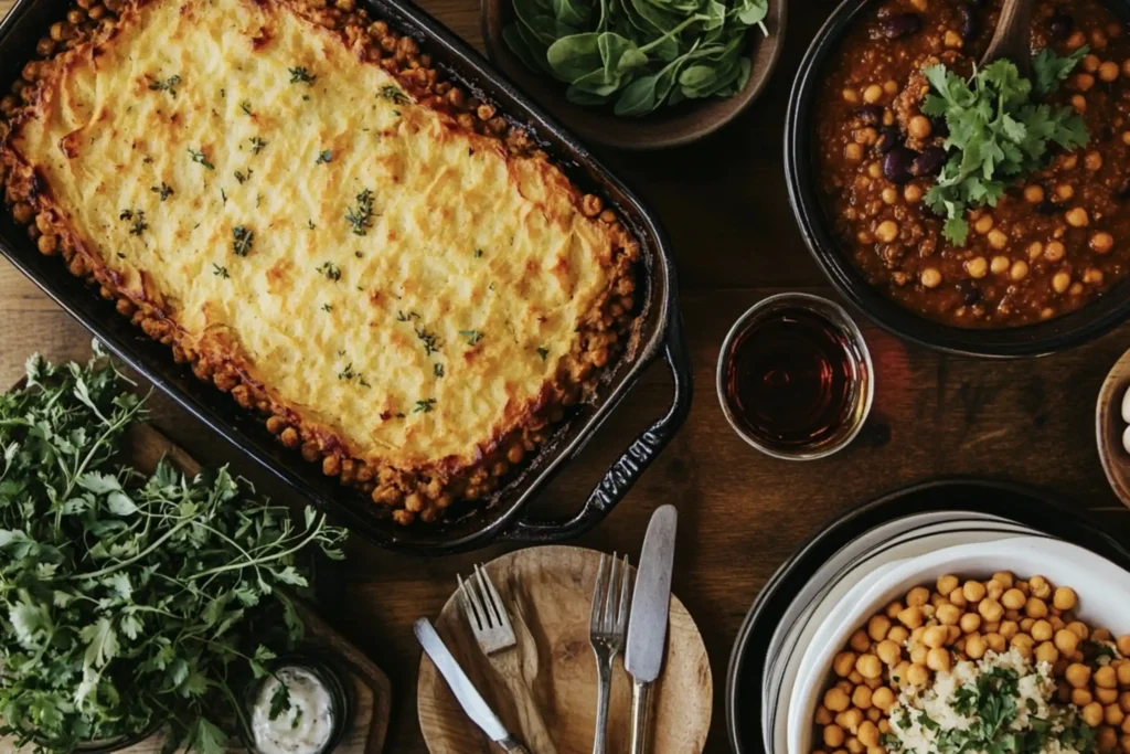 A rustic dining table with multiple pulse-based dishes, including lentil shepherd’s pie, chickpea curry, and three-bean chili, styled with fresh garnishes.