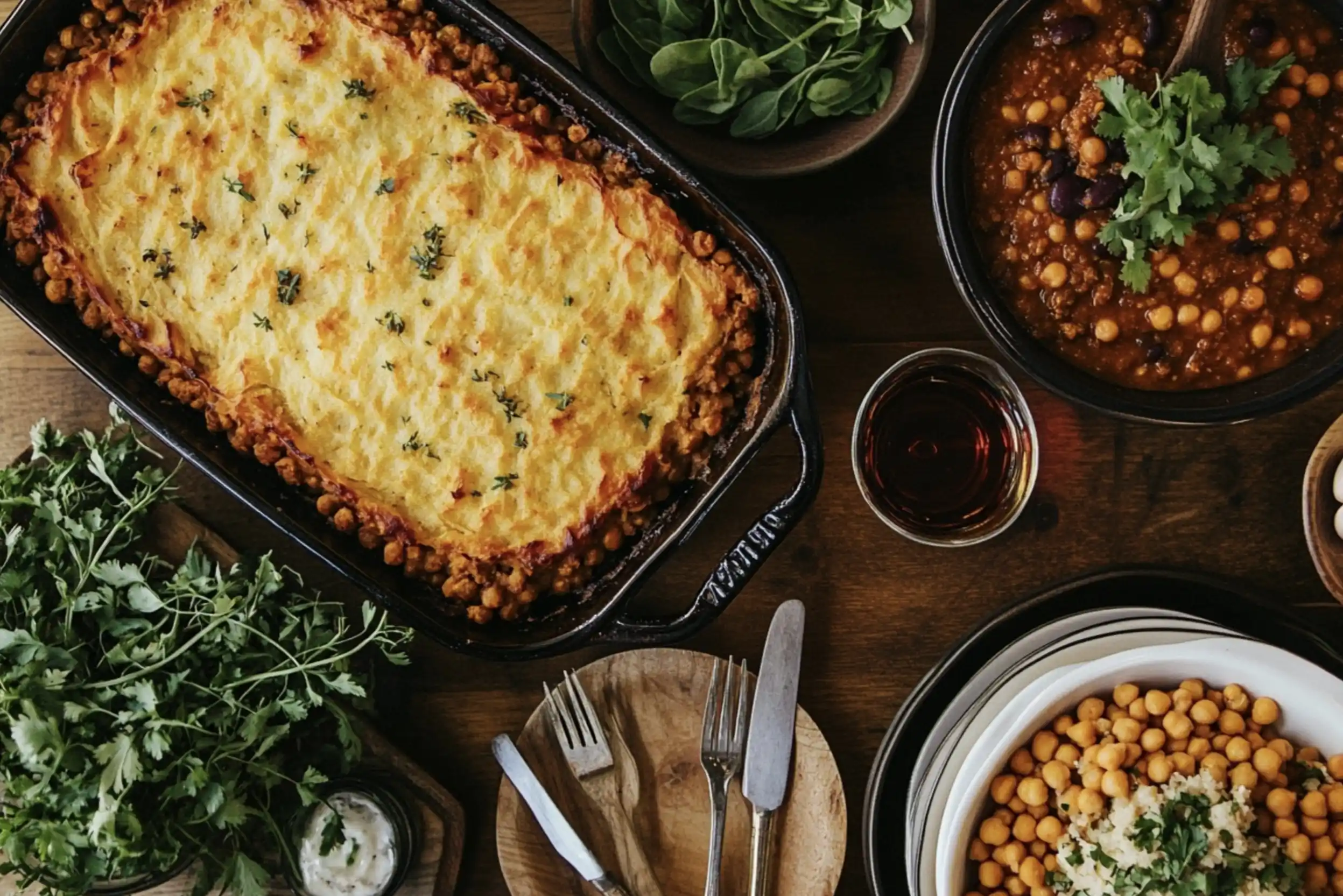 A rustic dining table with multiple pulse-based dishes, including lentil shepherd’s pie, chickpea curry, and three-bean chili, styled with fresh garnishes.