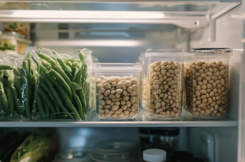 A vibrant image showing cooked beans in airtight glass containers, fresh green beans in a perforated bag, and canned beans in a plastic container, all neatly arranged in a fridge.