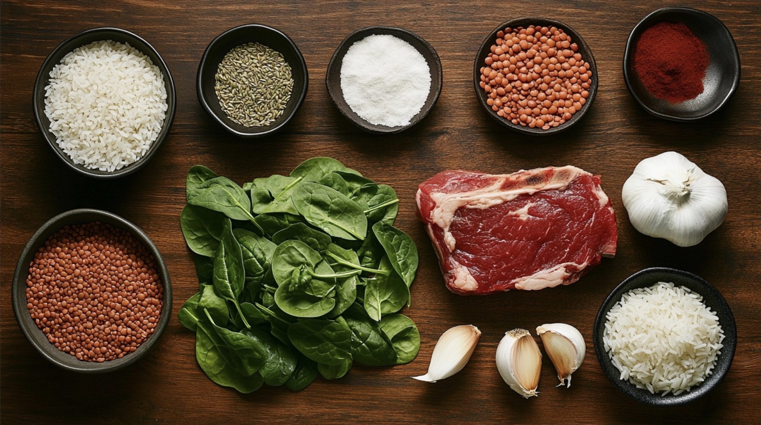 Ingredients for Lebanese lamb lentils rice spinach recipe, including lamb, lentils, rice, spinach, and spices, displayed on a wooden table.