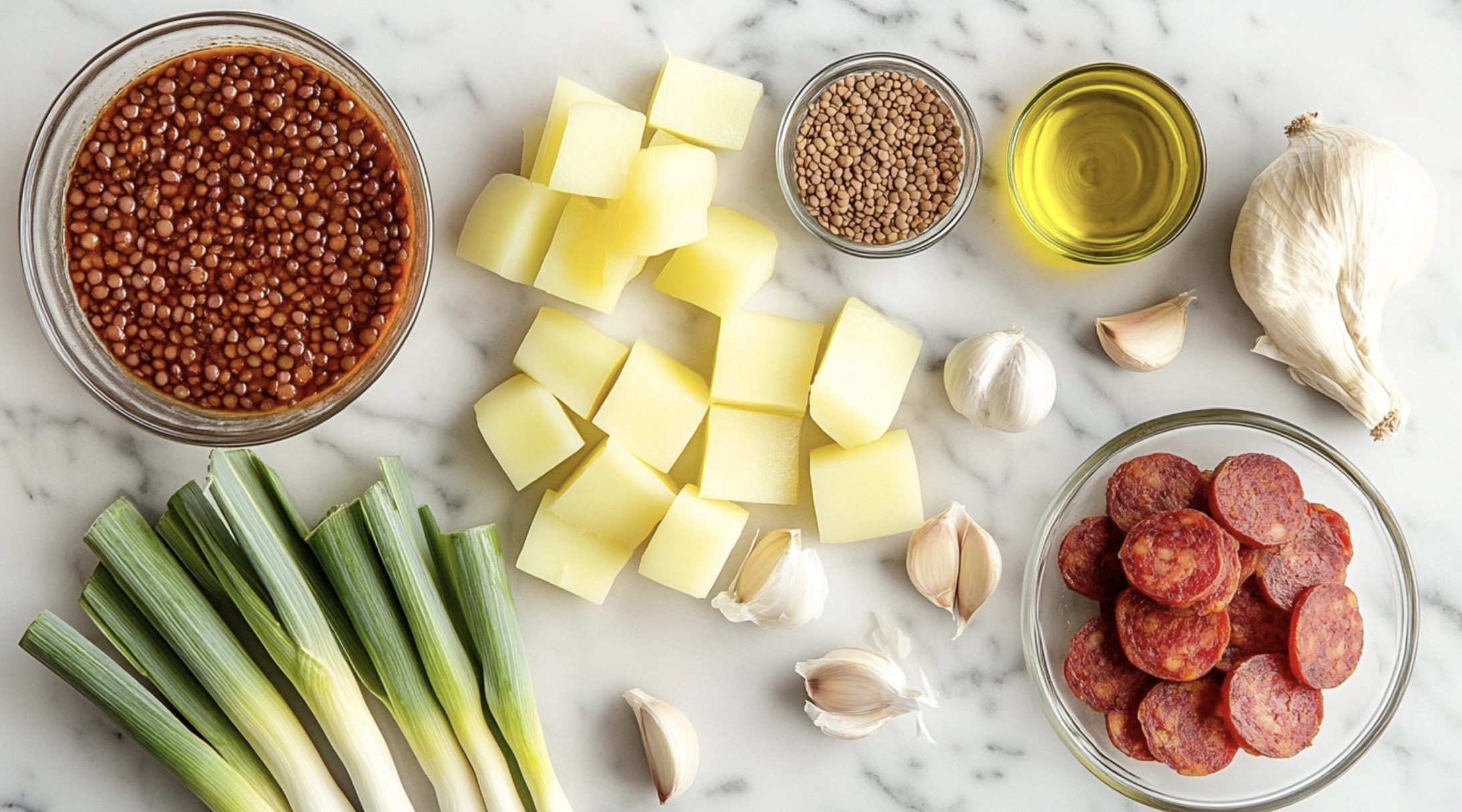 Ingredients for smoky lentil stew with leeks and potatoes chorizo, garlic, and smoked paprika on a kitchen countertop.