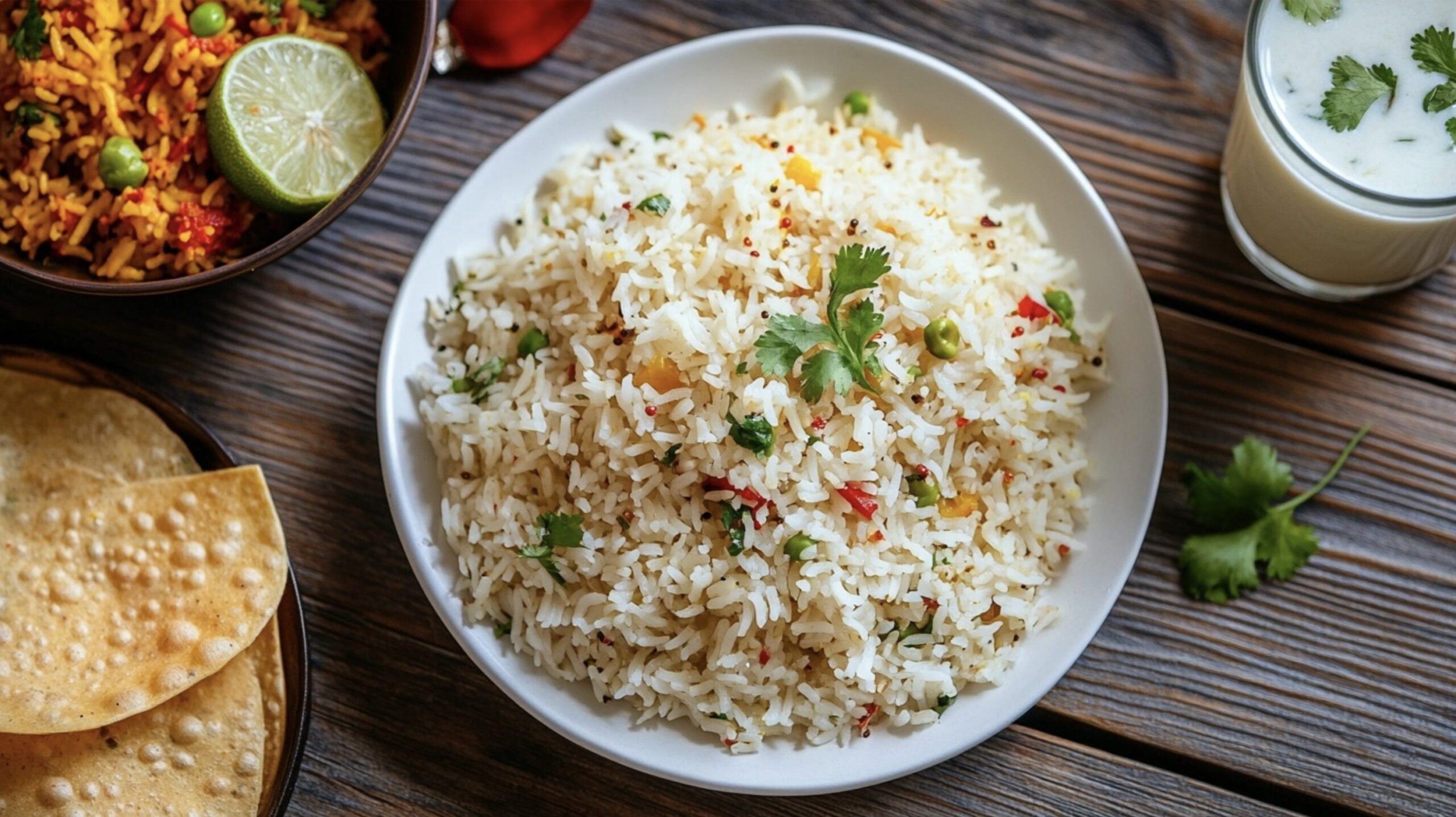 Authentic Lemon Rice Recipe served with papad, chutney, and a glass of buttermilk.