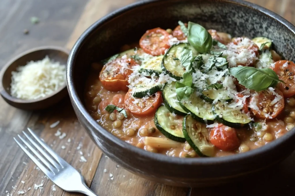A bowl of cooked lentil pasta topped with roasted vegetables and garnished with fresh basil, served on a rustic table with a side of parmesan cheese.