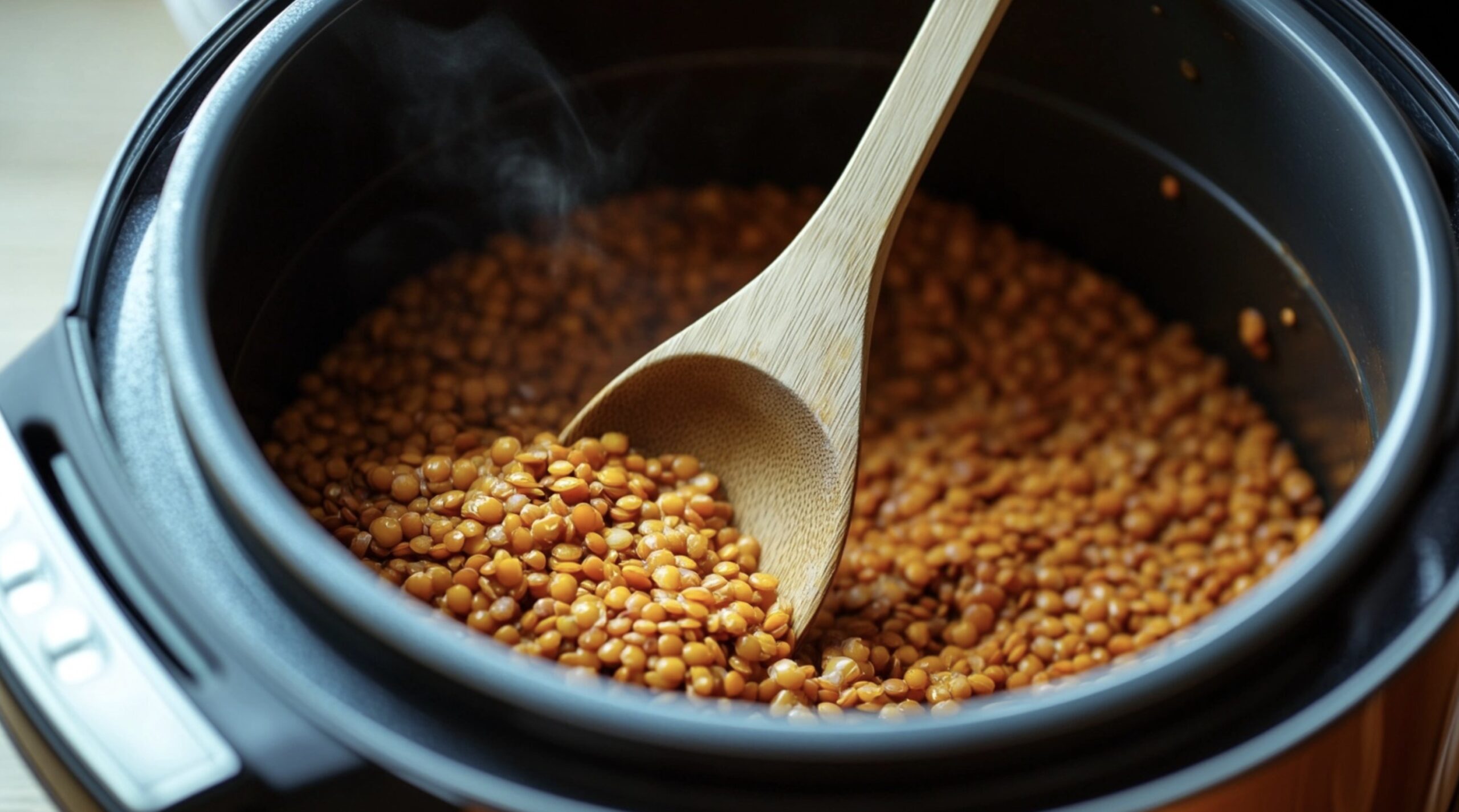 Cooked lentils in a rice cooker with a wooden spoon stirring gently