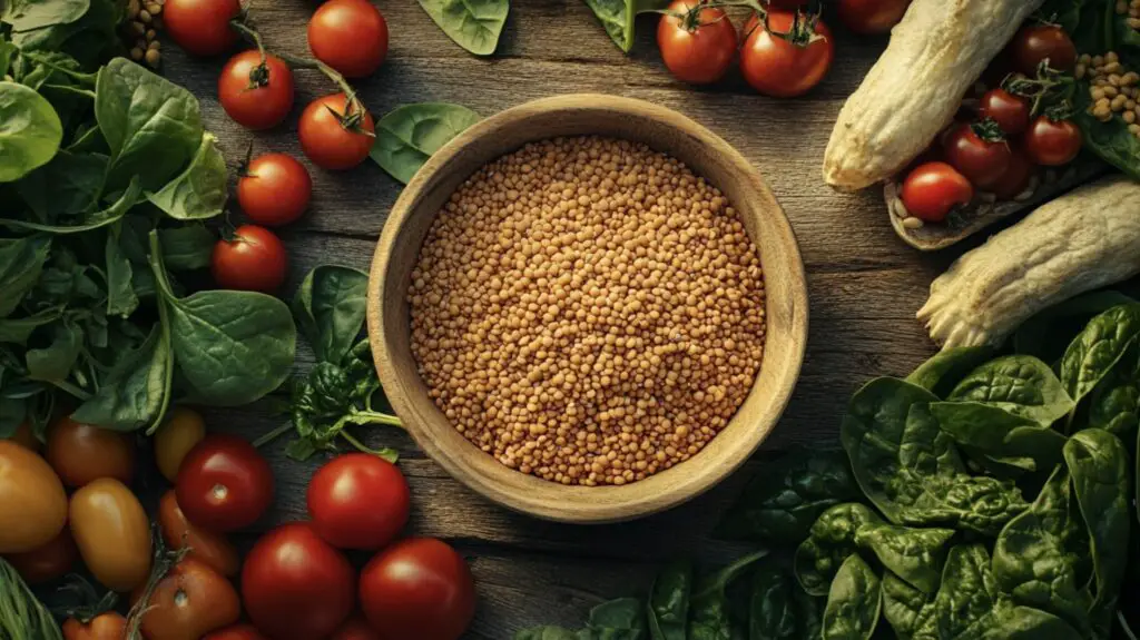 Bowl of cooked lentils and wheat grains surrounded by fresh vegetables on a rustic table. Lentils vs Wheat