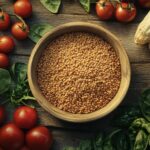 Bowl of cooked lentils and wheat grains surrounded by fresh vegetables on a rustic table. Lentils vs Wheat