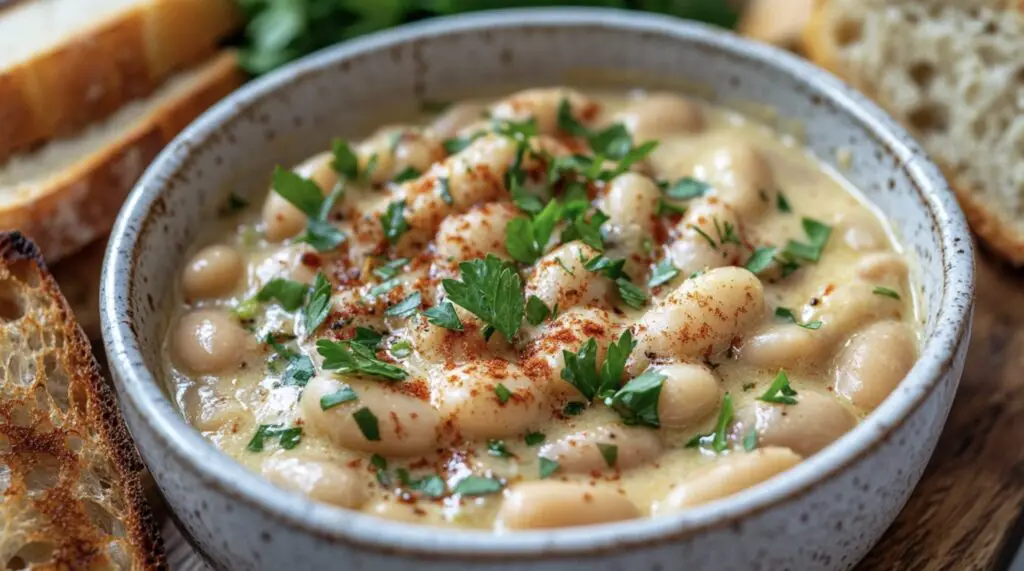A bowl of creamy Marry Me Butter Beans in a golden, flavorful sauce, garnished with fresh parsley and smoked paprika, served with crusty bread on a rustic wooden table.