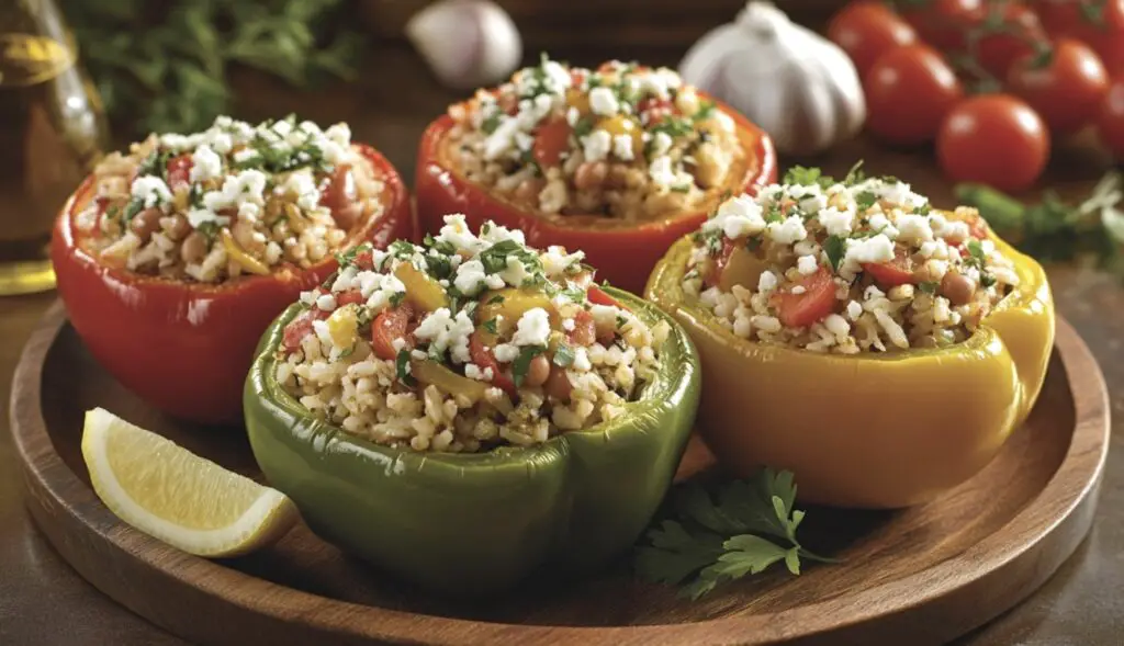 Mediterranean rice and bean stuffed peppers : stuffed peppers with rice and vegetables on a wooden plate