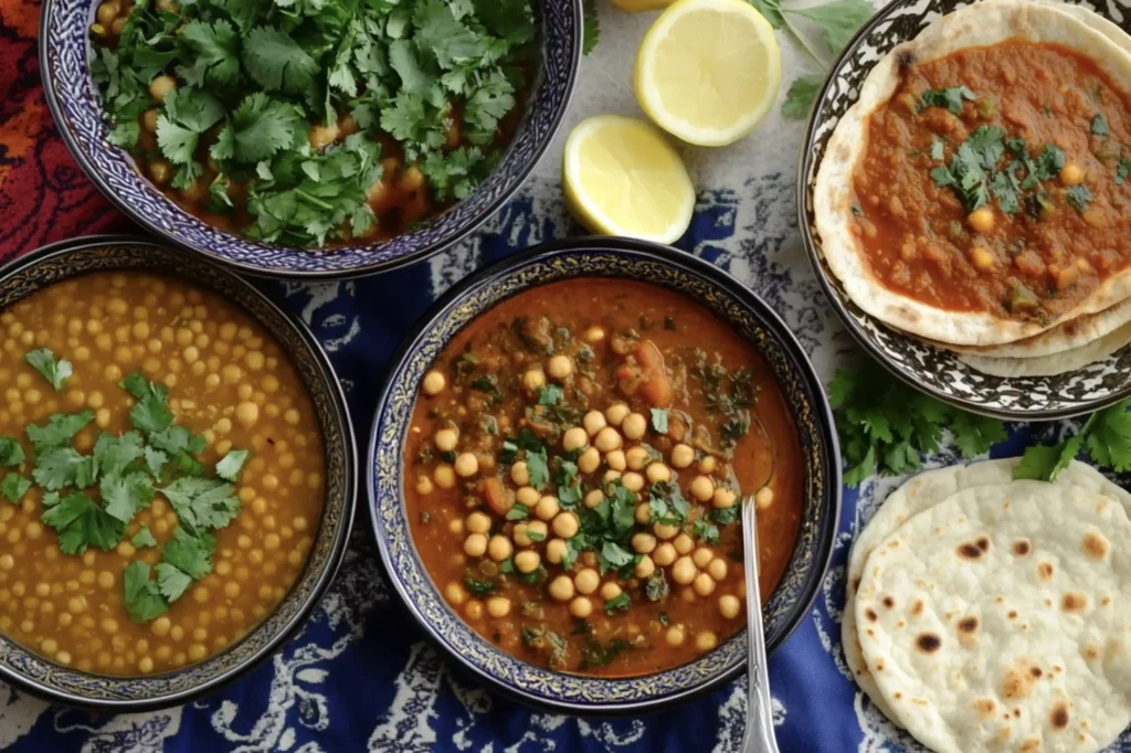 A vibrant Moroccan dining spread featuring chickpea stew, lentil harira soup, fava bean tagine, and split pea soup, served with flatbread and fresh herbs.
