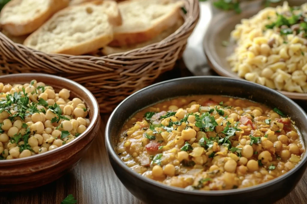 A cozy table setting with various one-pot pulse dishes, such as lentil stew, chickpea curry, and pasta with beans, garnished and ready to serve.