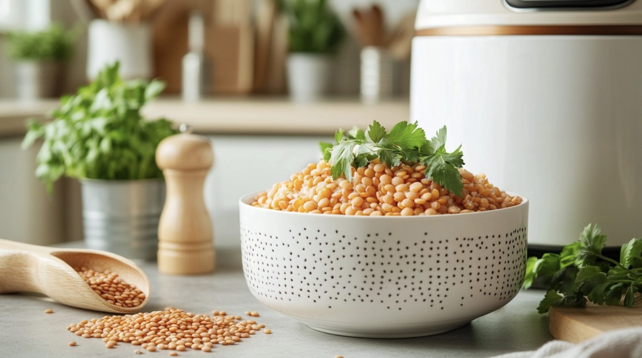 a bowl of beans with parsley on top - How to Cook Lentils in a Rice Cooker