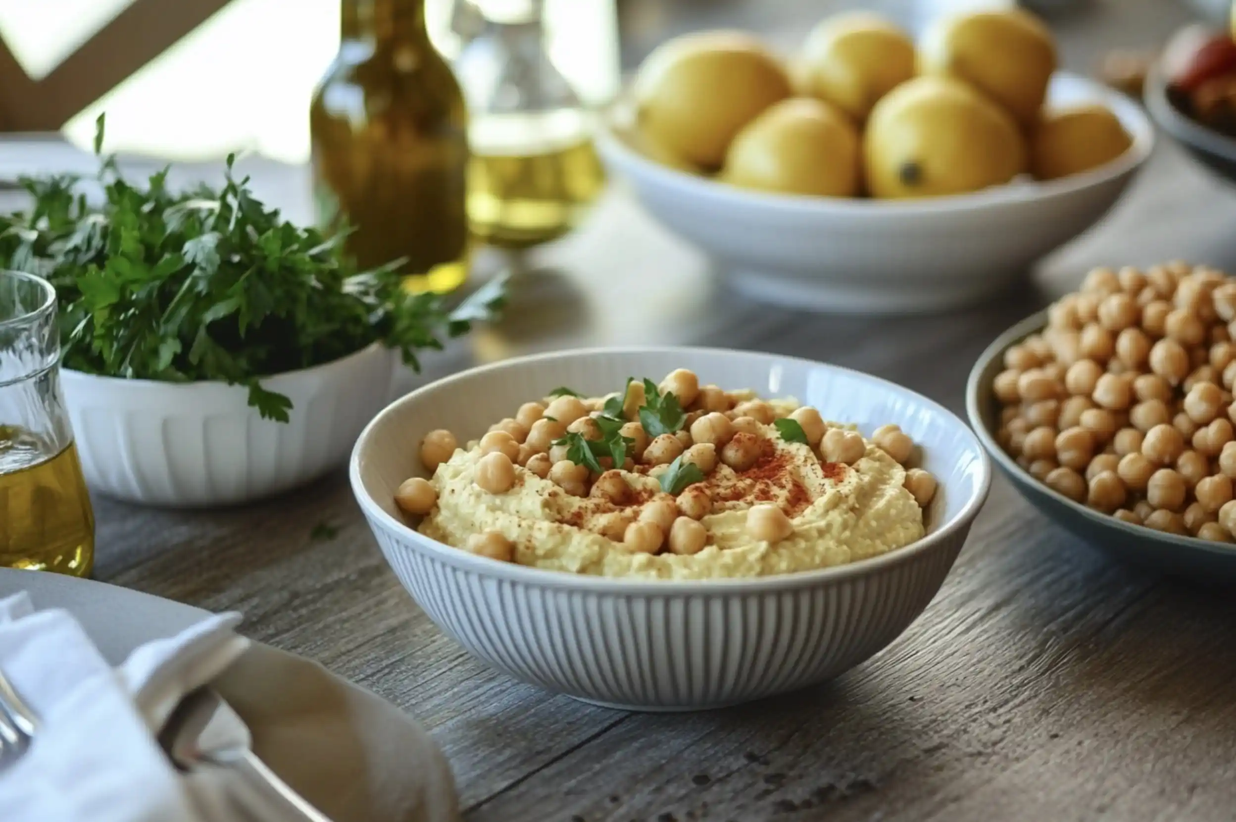 A rustic table setting with various chickpea-based dishes, including hummus, salad, and roasted chickpeas, arranged beautifully.