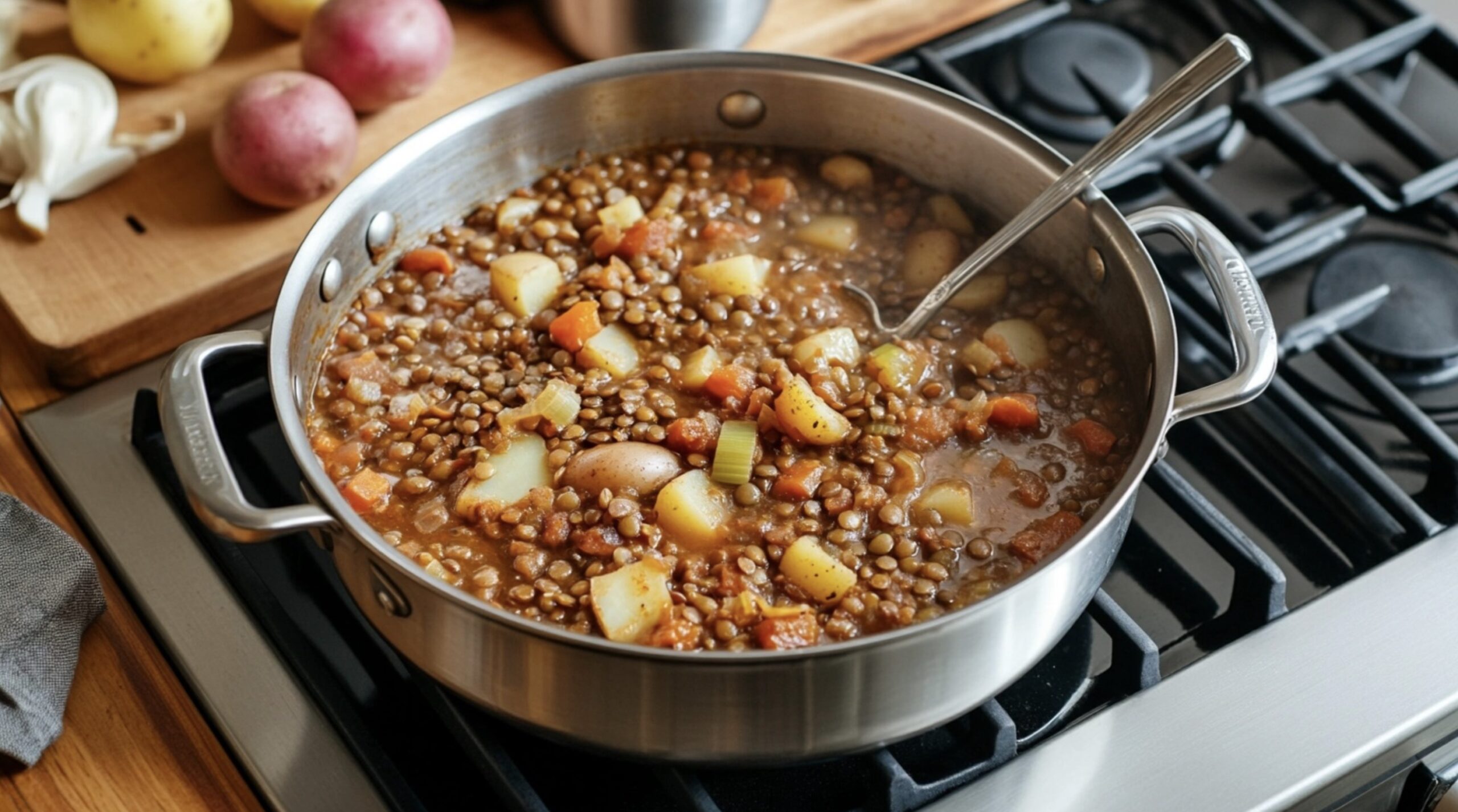 Pot of smoky lentil stew simmering on a stovetop with chunks of potatoes, leeks, lentils, and chorizo in a rich, smoky broth