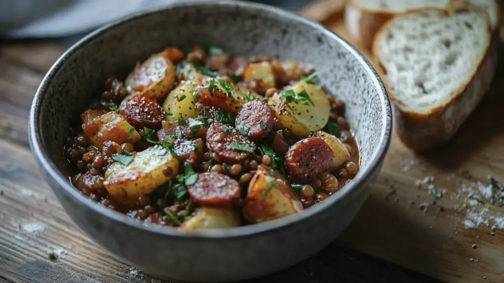 smoky lentil stew with leeks and potatoes chorizo garnished with parsley and served with crusty bread on a rustic wooden table.