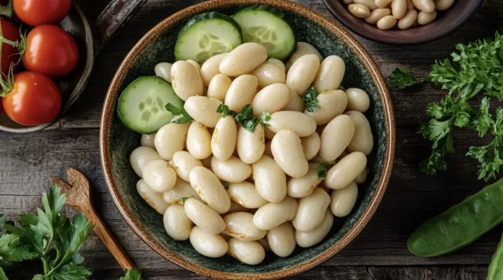 A vibrant dish of speckled butter beans with fresh vegetables, surrounded by raw beans, herbs, and gardening tools, emphasizing their culinary and gardening appeal.