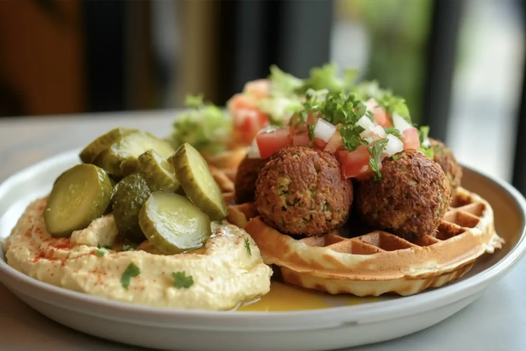 Side-by-side comparison showing a plate of traditional falafel balls on pita bread next to a crispy falafel waffle on a modern serving dish.