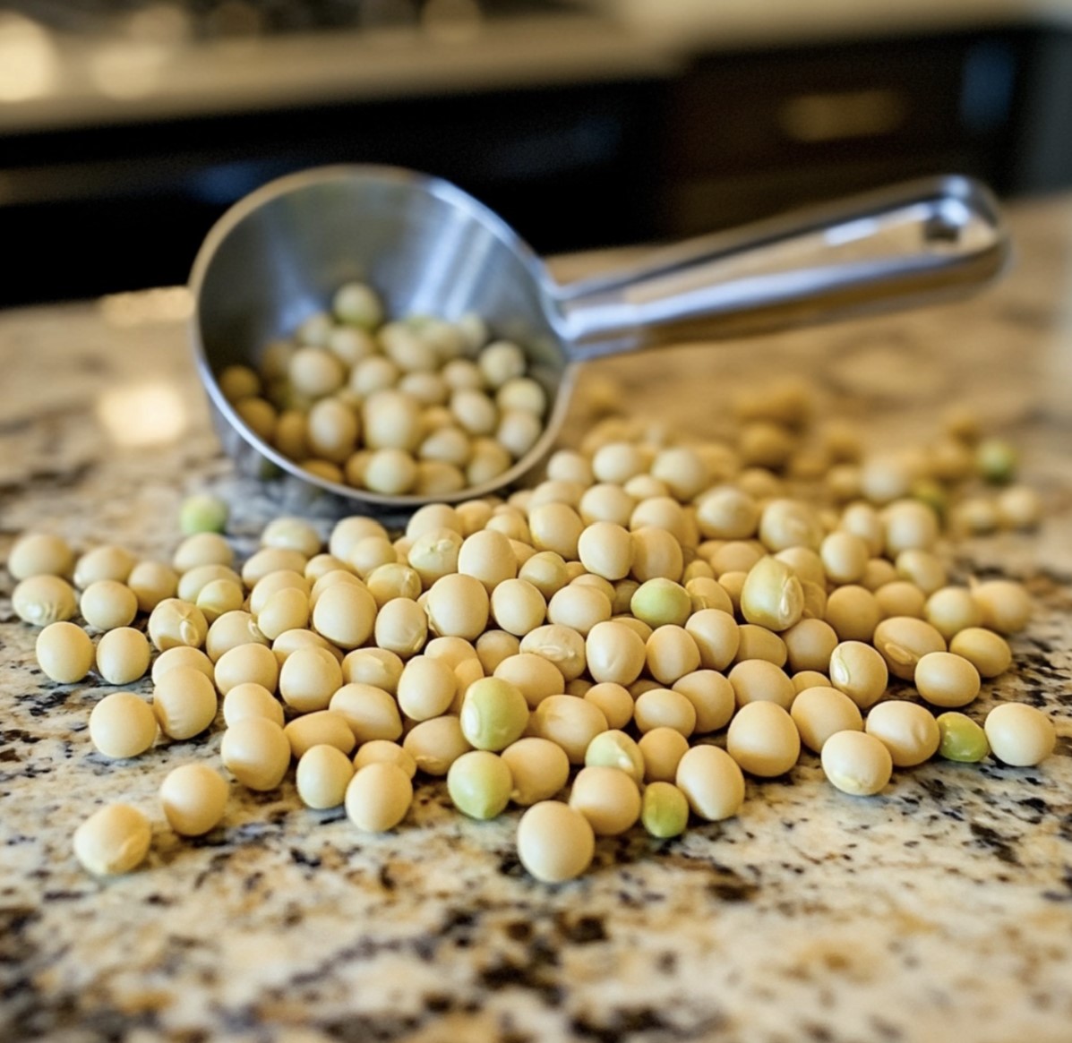 Whole raw yellow peas on a countertop with a measuring cup.