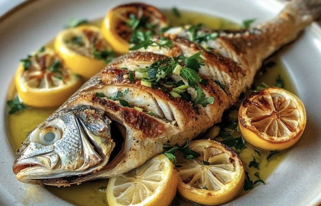 a fish with lemons on a plate. california corbina recipe