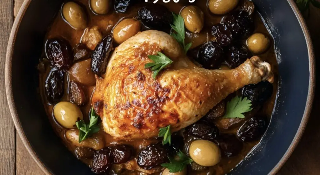 Chicken Marbella dish featuring prunes, olives, and capers with a rustic kitchen backdrop.
