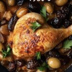 Chicken Marbella dish featuring prunes, olives, and capers with a rustic kitchen backdrop.
