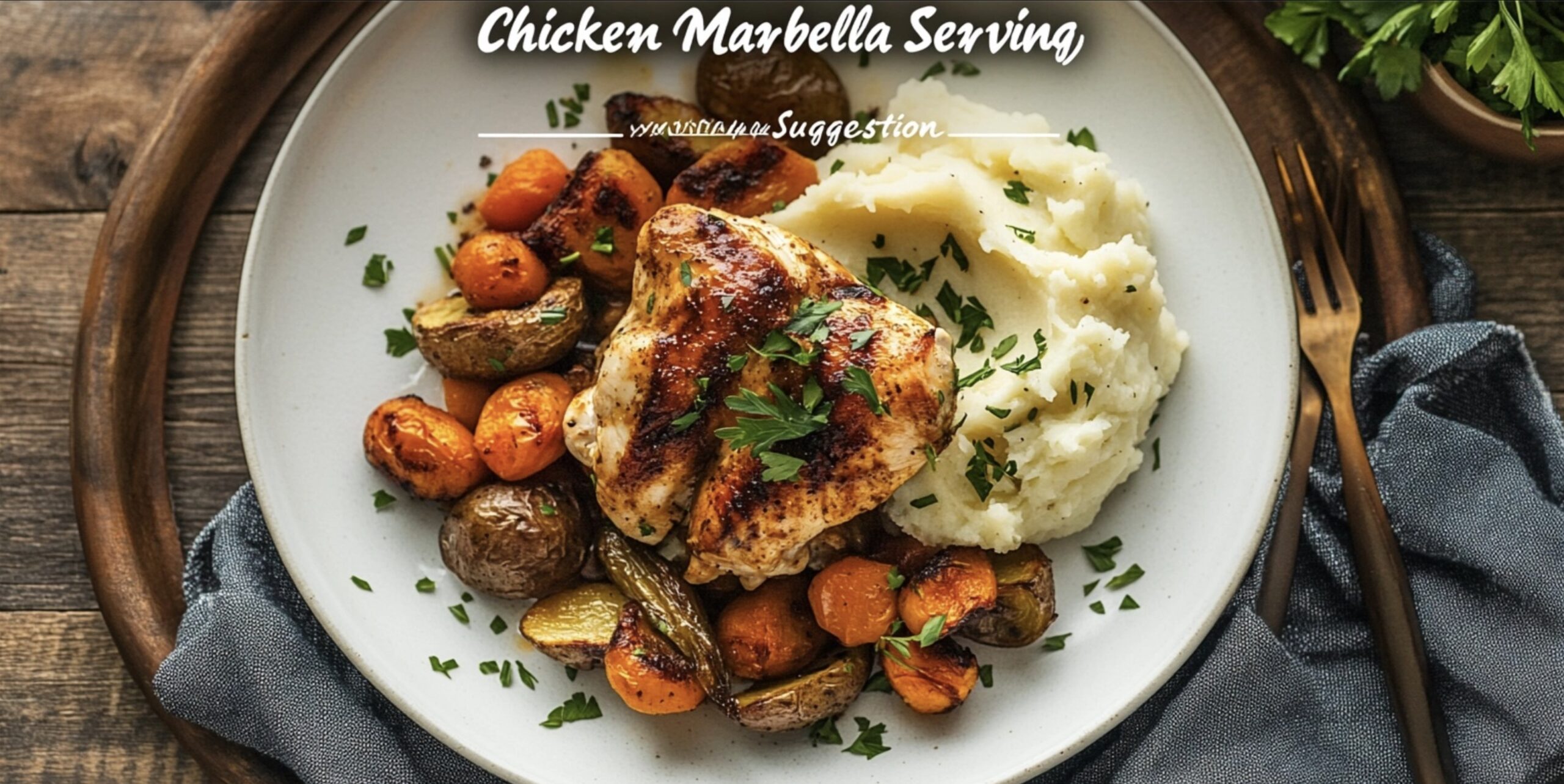 Chicken Marbella served with mashed potatoes and roasted vegetables.