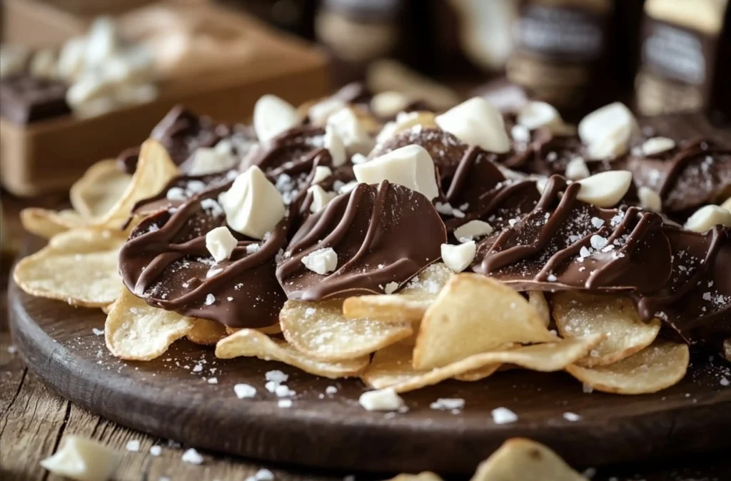 a plate of Chocolate Covered Potato Chips and white toppings