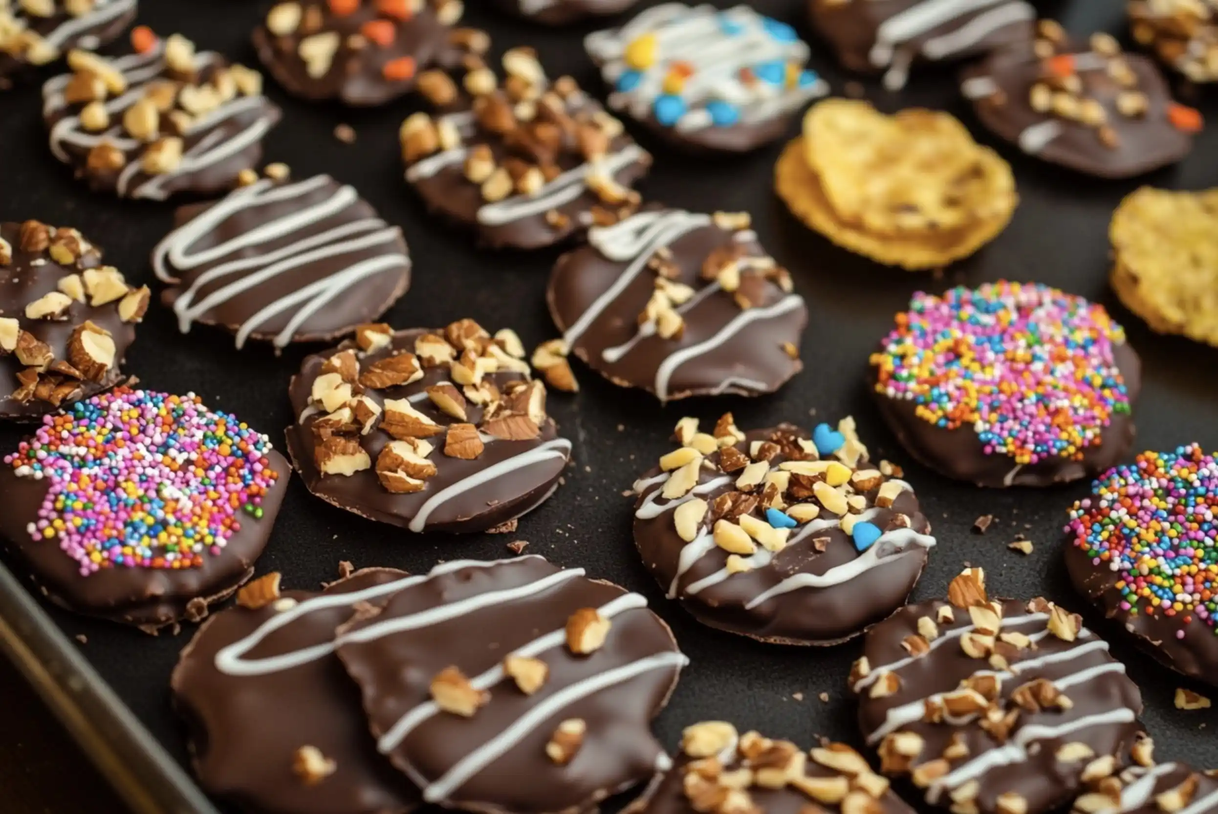Creative variations of chocolate-covered potato chips topped with sprinkles, nuts, and drizzled chocolate for added flavor.