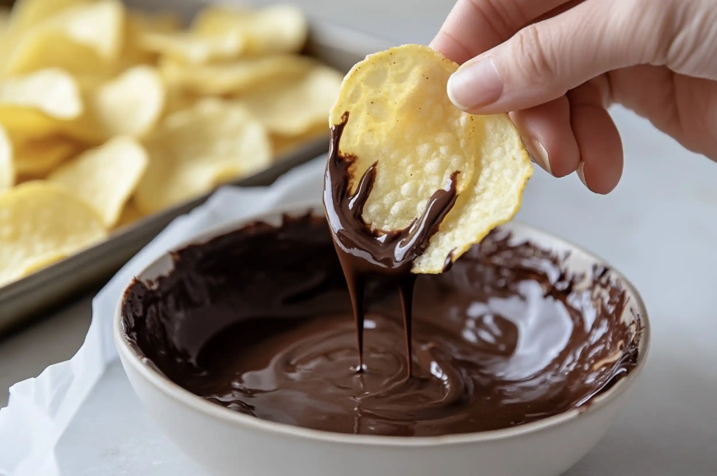 Chocolate Covered Potato Chips Recipe : A hand dipping a potato chip into melted chocolate with a tray of prepared chips in the background.
