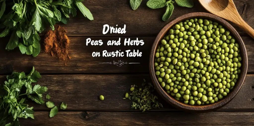 A bowl of (Dry Peas) with herbs and spices on a wooden table.