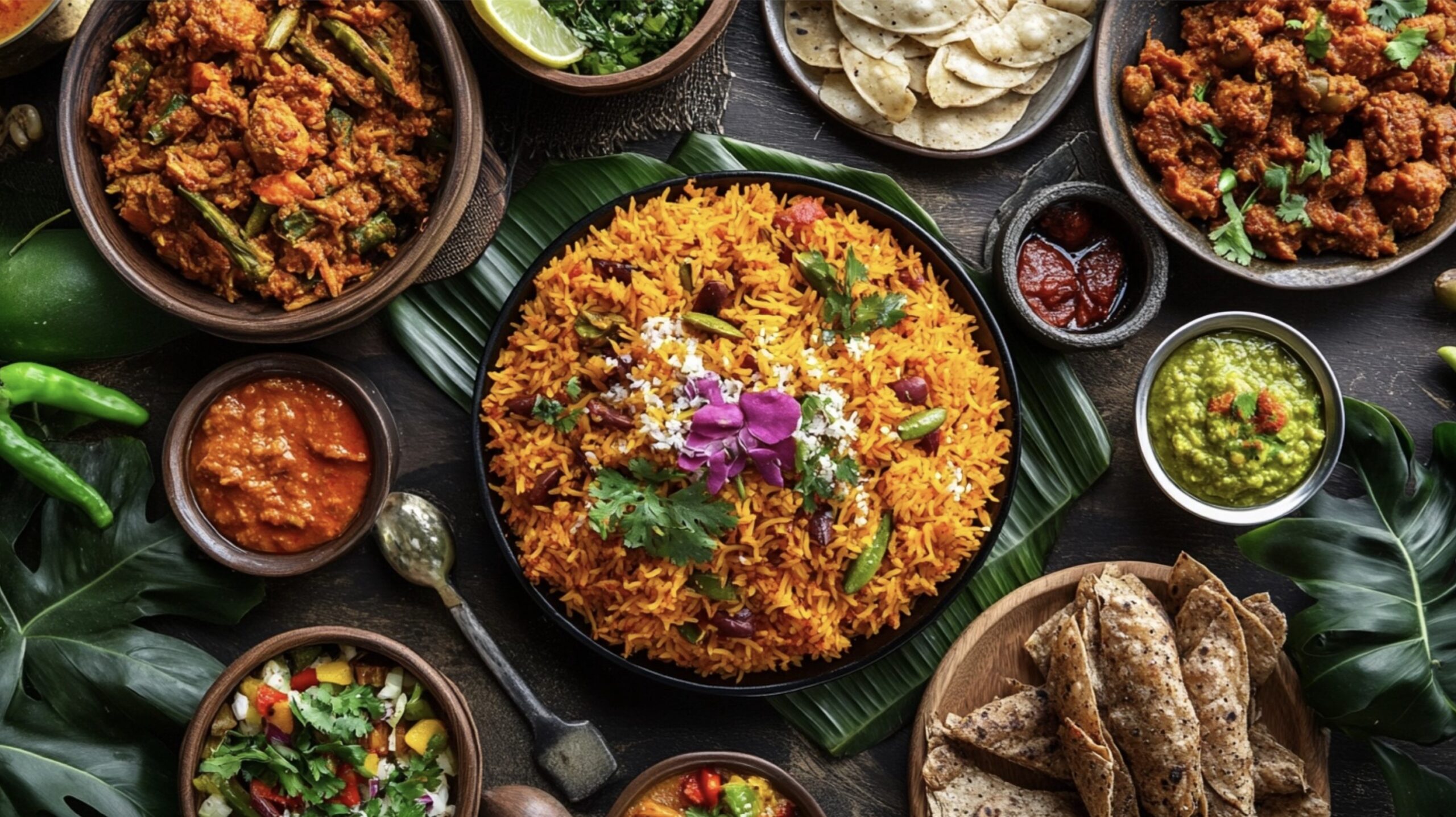 Festive spread with tamarind rice and lemon rice on banana leaves. Tamarind or Lemon Rice