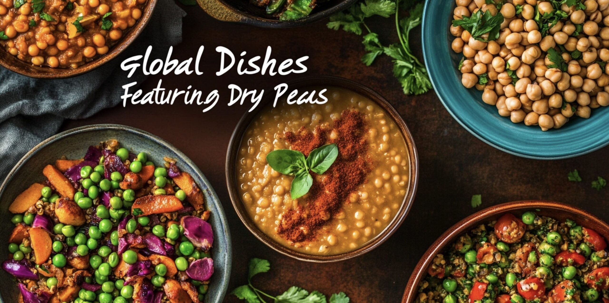 Collage of global dishes made with dry peas, featuring soups, roasted peas, and a fresh salad.