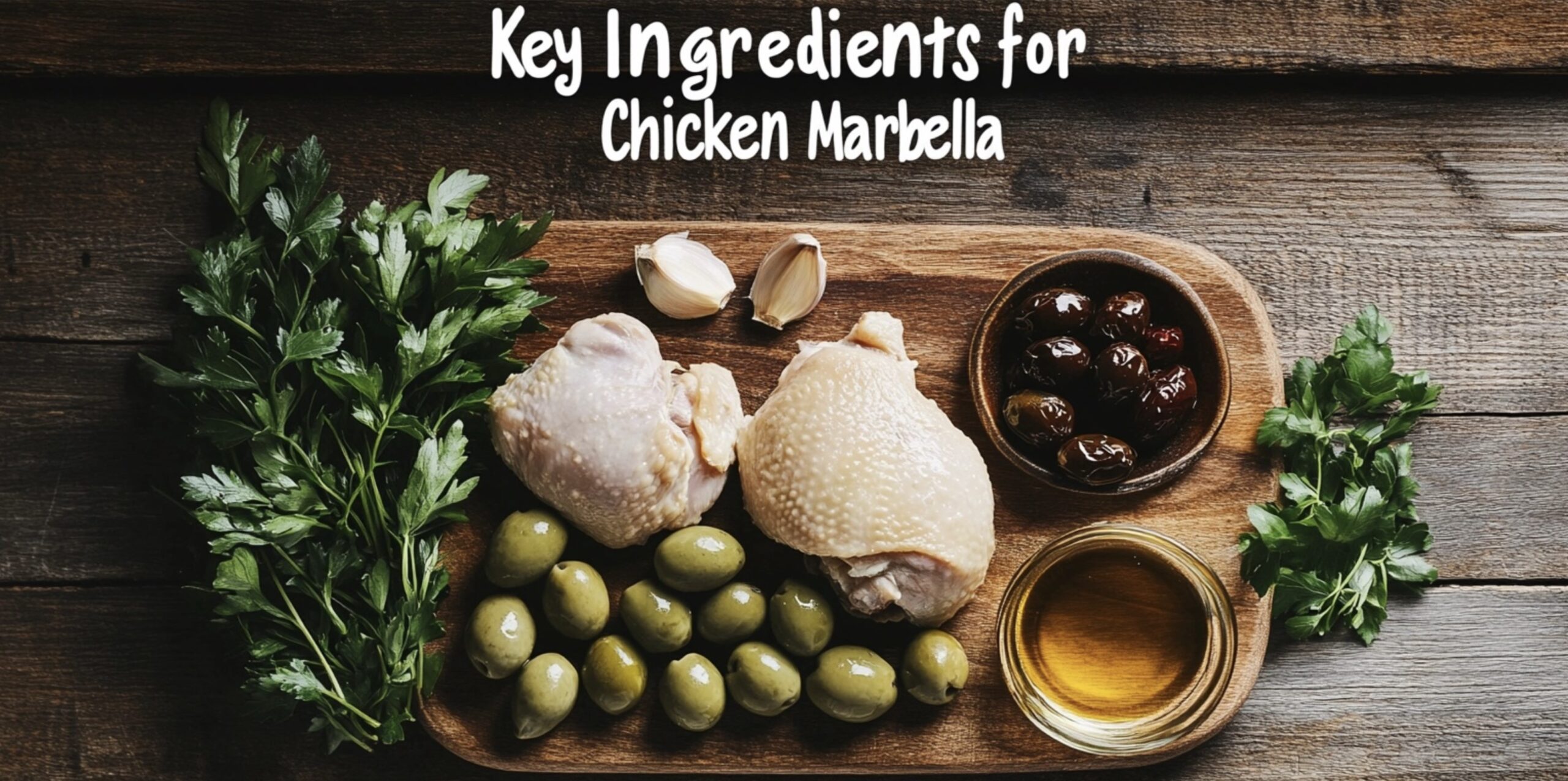 Ingredients for Chicken Marbella arranged on a wooden cutting board.