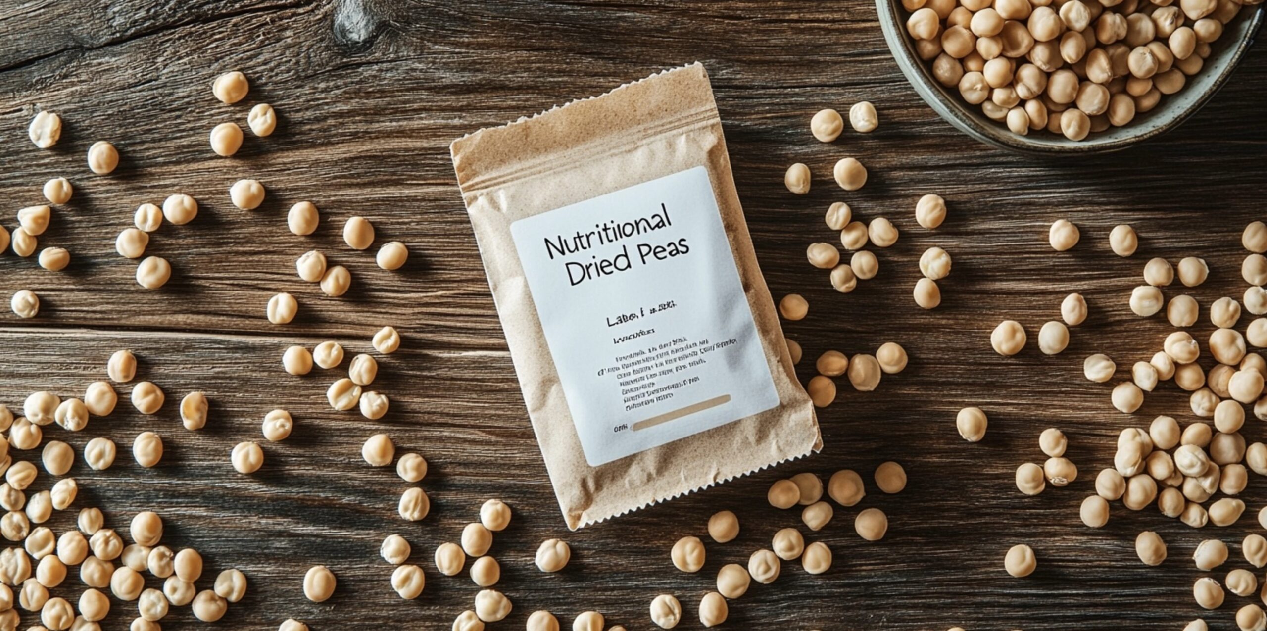 Nutrition facts of Dried Peas (Dry Peas) displayed on a label with scattered dried peas.