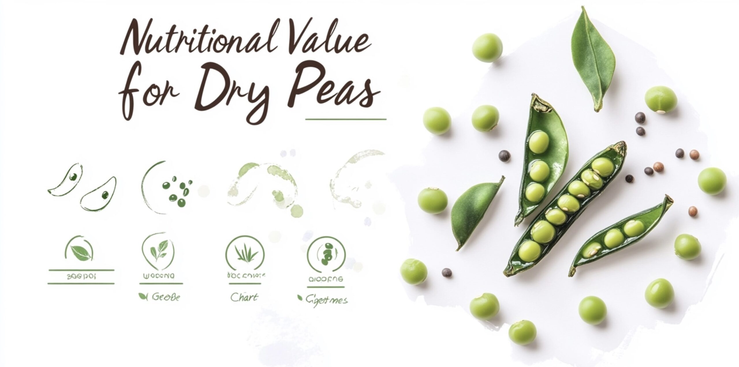 Visual table of dry peas' nutritional values, including calories, protein, fiber, and vitamins.