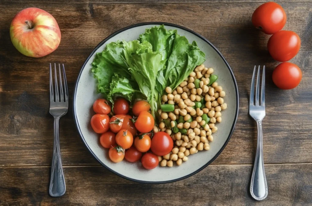 a plate of food with fork and knife