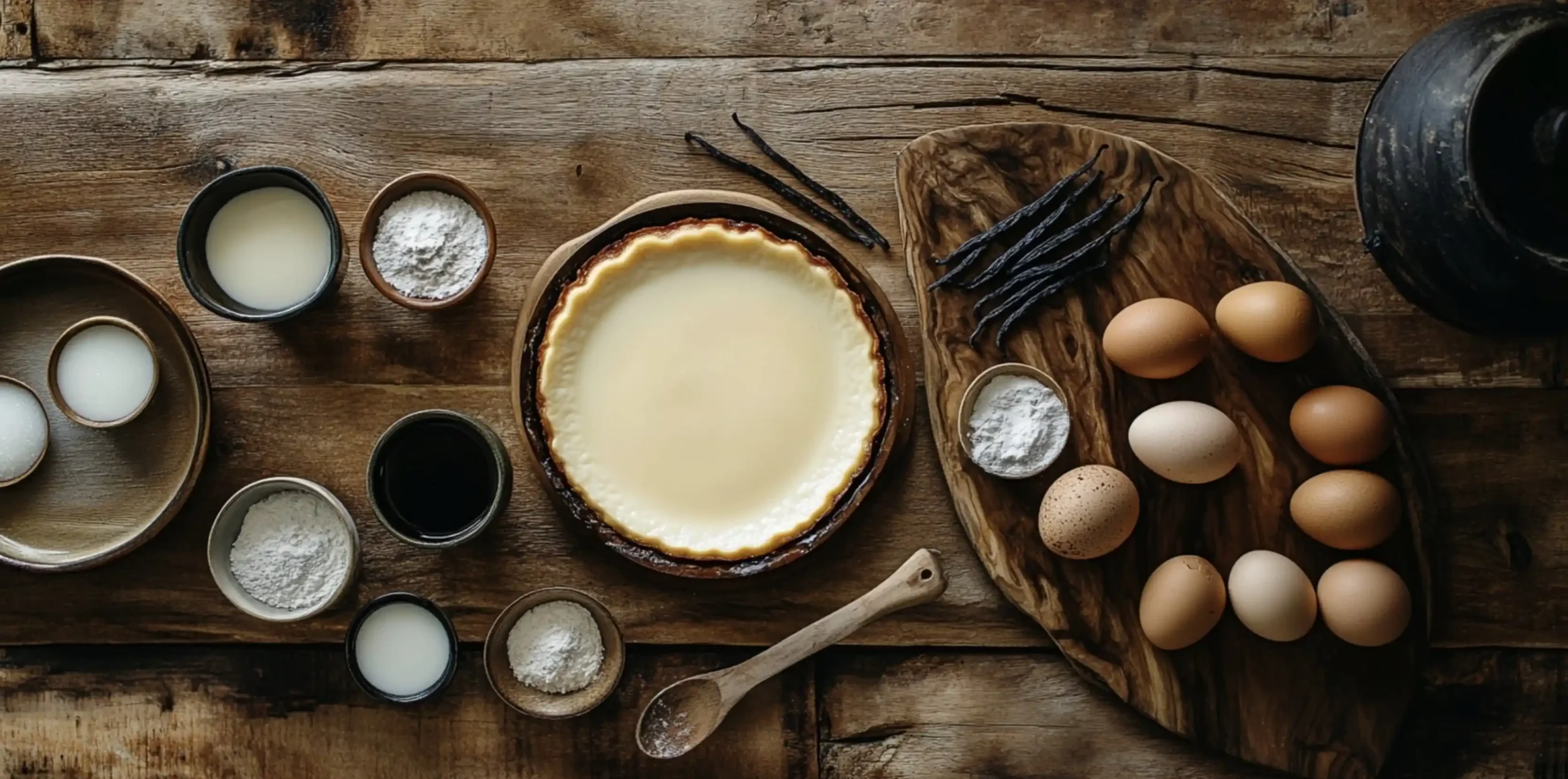 Ingredients for making Quesillo Venezuelan Flan Recipe arranged on a countertop.