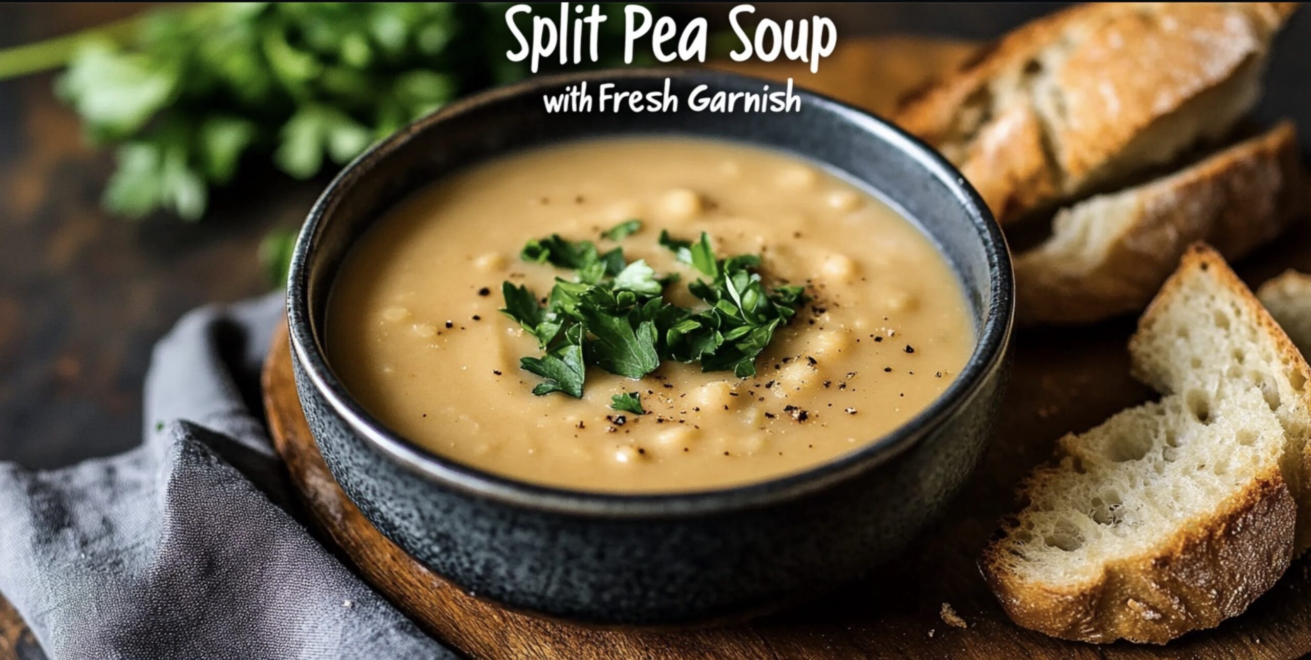 A bowl of split pea soup (Dry Peas) garnished with parsley and served with bread.