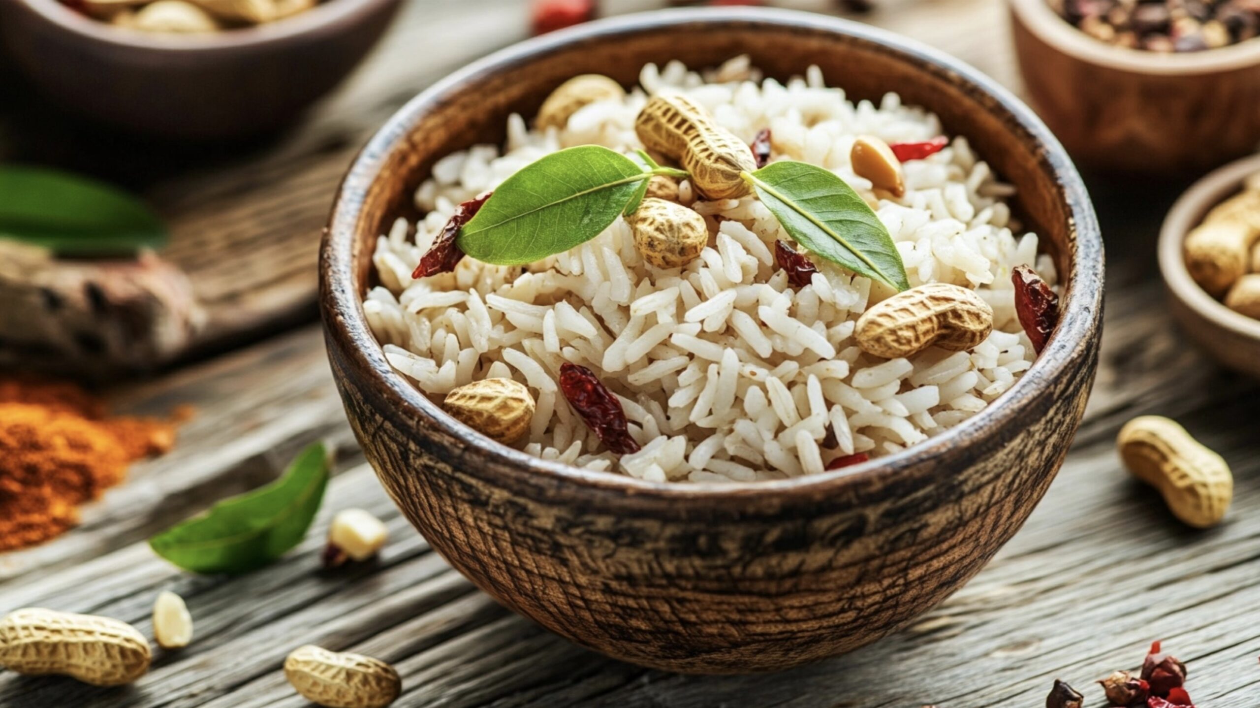 Tamarind or Lemon Rice garnished with roasted peanuts and curry leaves. Tamarind or Lemon Rice