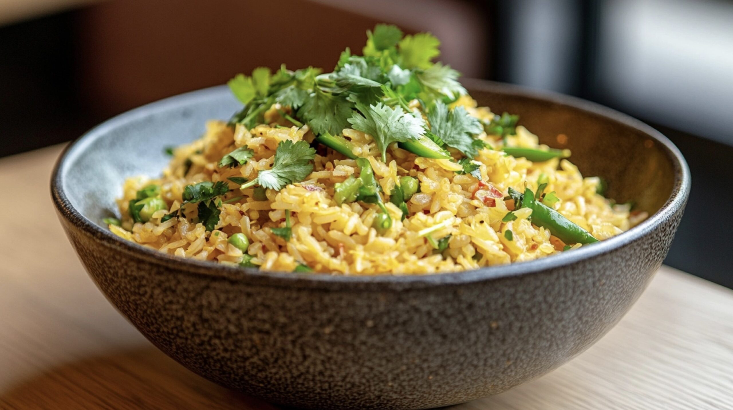 Lemon rice garnished with fresh coriander and green chilies. Tamarind or Lemon Rice